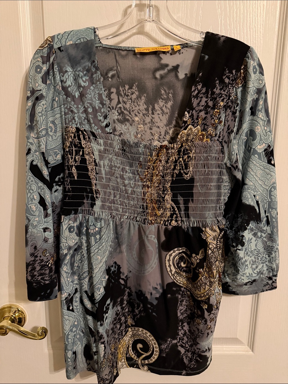 Loyd Williams Light Blue, Black & Gold Paisley Smocked Tunic